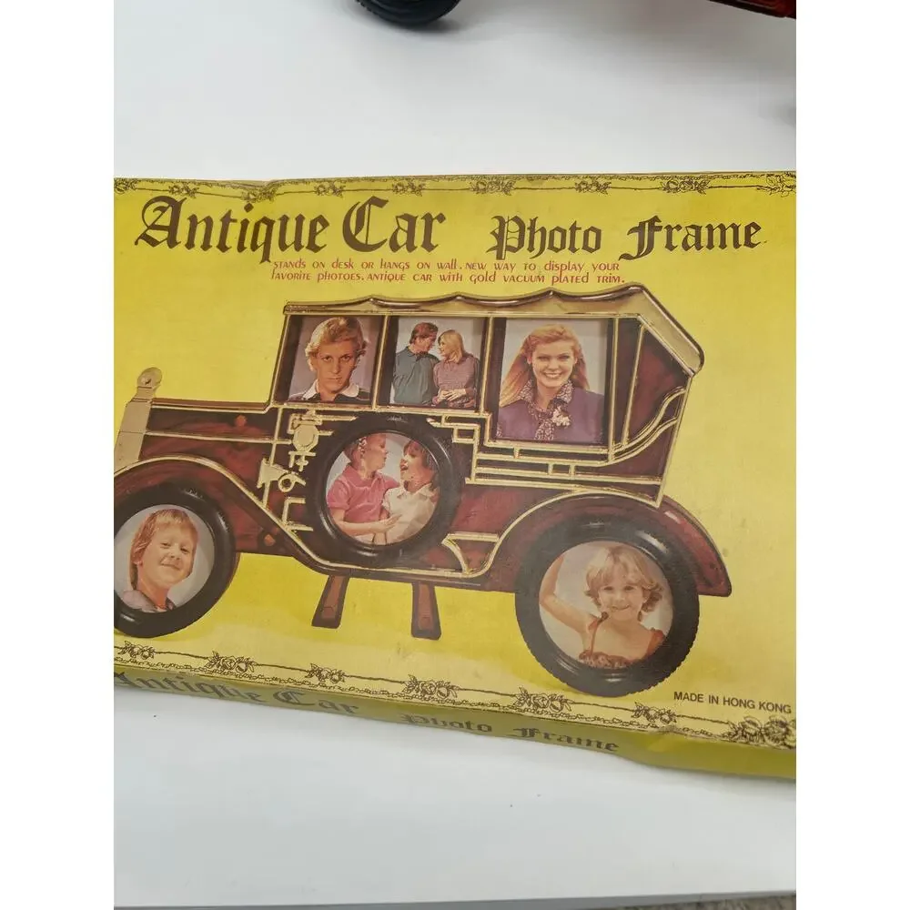 Vintage Antique Car Photo Frame 6 Opening Gold Tone Hong Kong w/ Original Box